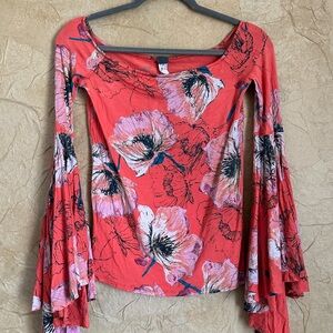 We The Free / Free People Coral Floral Bell-Sleeve Top